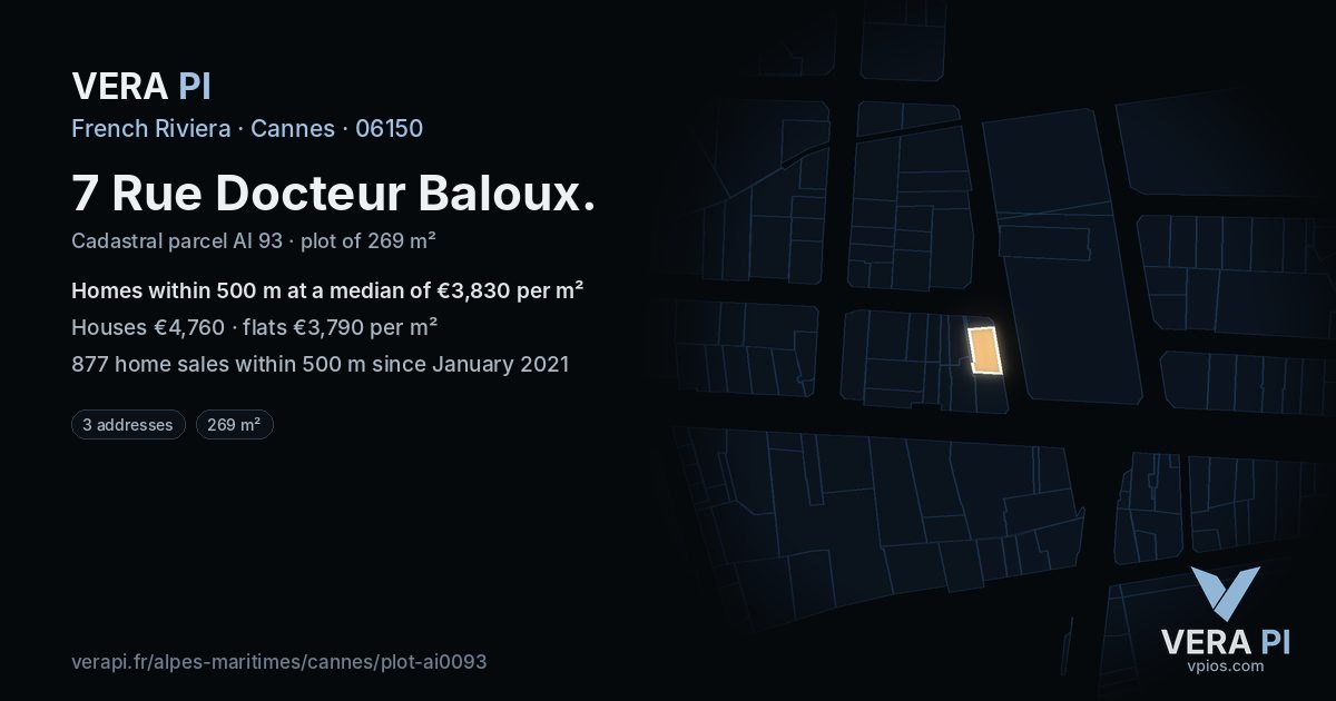 7 Rue Docteur Baloux, Cannes at night – the plot lit, the parcels around coloured by the prices near them