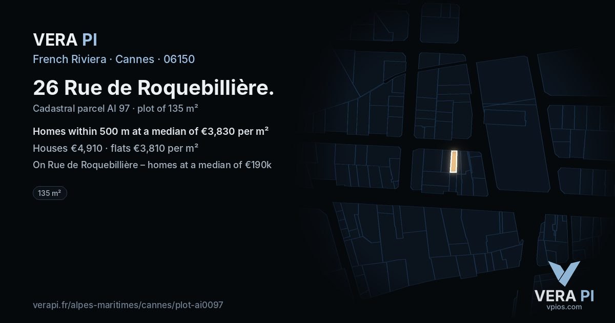 26 Rue de Roquebillière, Cannes at night – the plot lit, the parcels around coloured by the prices near them