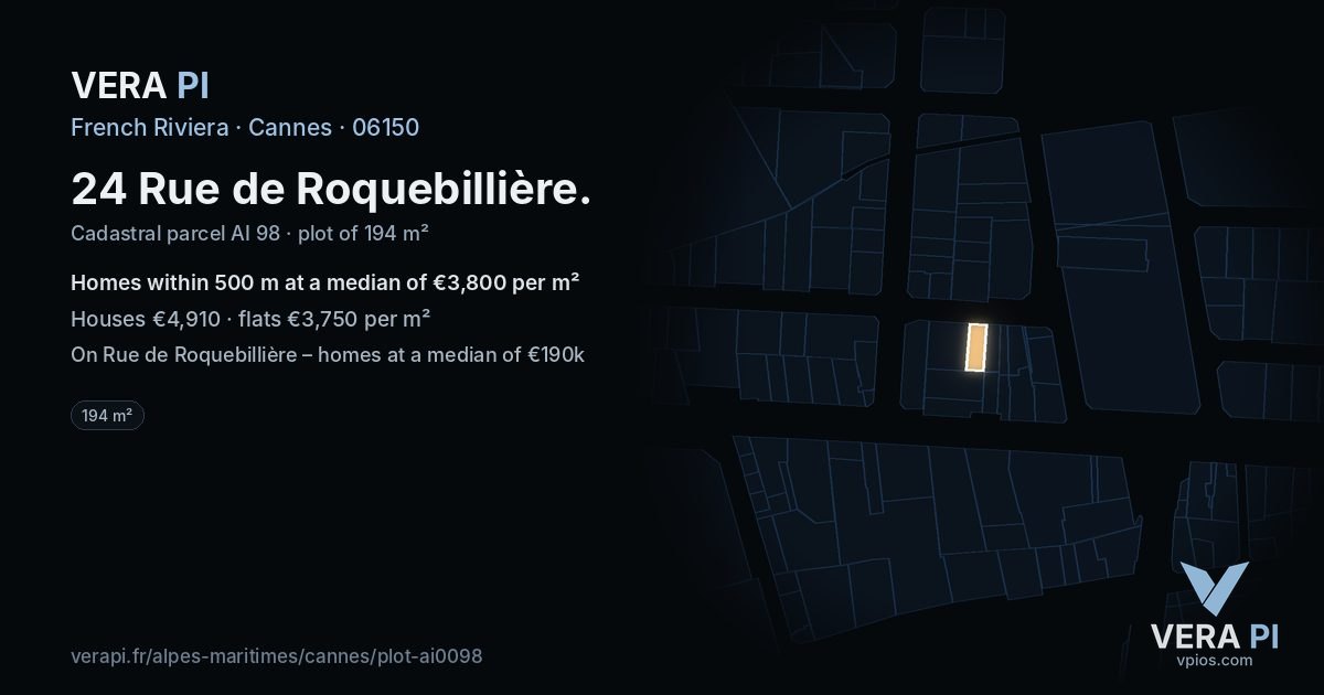 24 Rue de Roquebillière, Cannes at night – the plot lit, the parcels around coloured by the prices near them