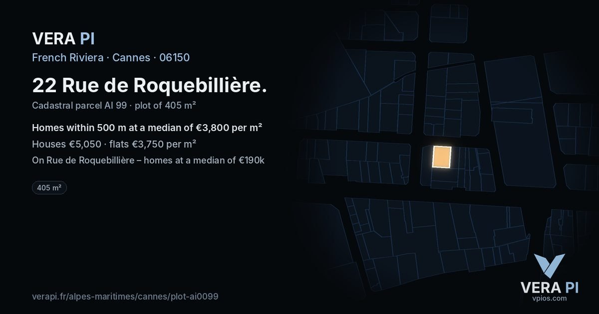 22 Rue de Roquebillière, Cannes at night – the plot lit, the parcels around coloured by the prices near them