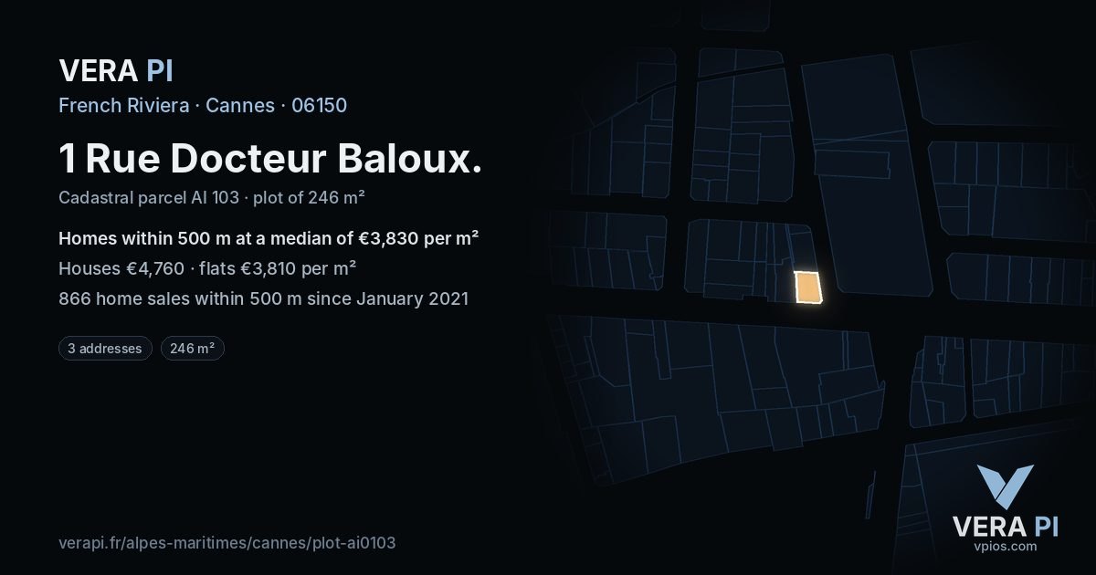 1 Rue Docteur Baloux, Cannes at night – the plot lit, the parcels around coloured by the prices near them