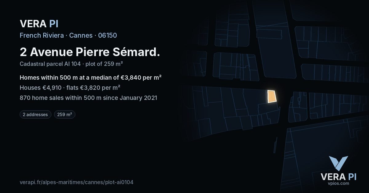 2 Avenue Pierre Sémard, Cannes at night – the plot lit, the parcels around coloured by the prices near them