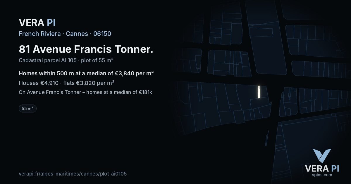 81 Avenue Francis Tonner, Cannes at night – the plot lit, the parcels around coloured by the prices near them