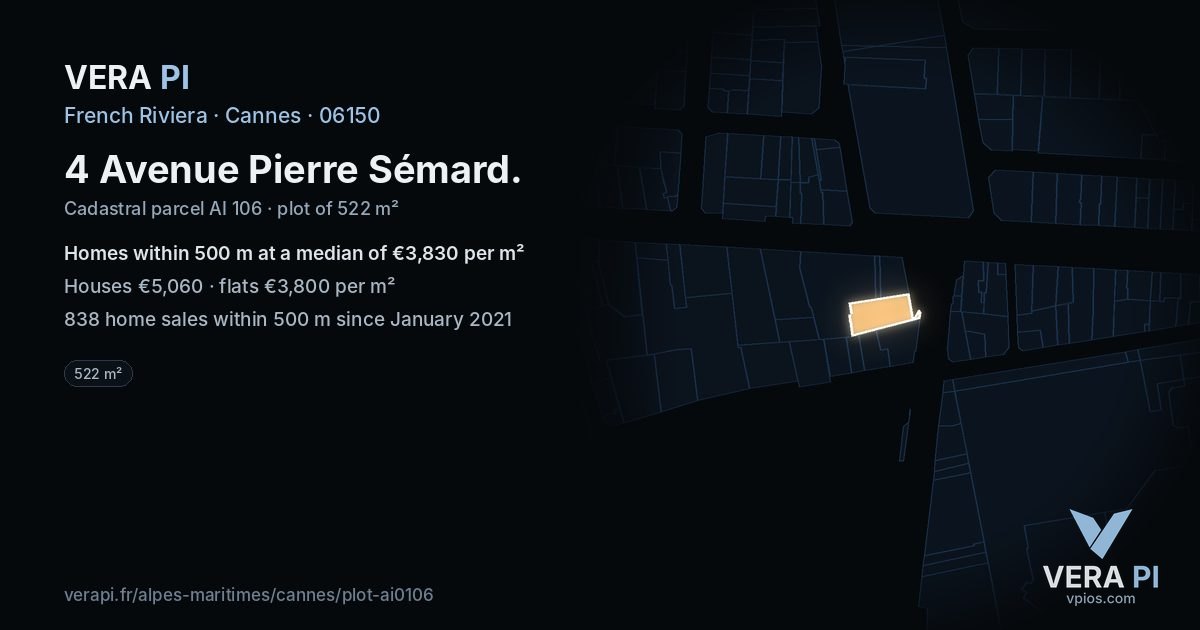 4 Avenue Pierre Sémard, Cannes at night – the plot lit, the parcels around coloured by the prices near them