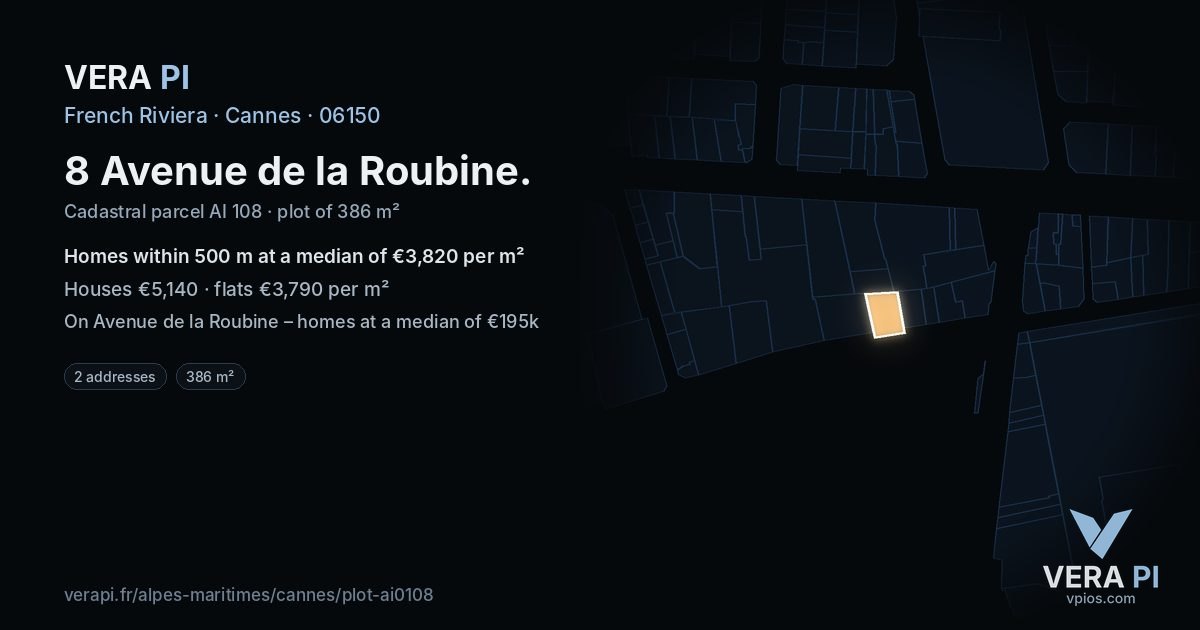 8 Avenue de la Roubine, Cannes at night – the plot lit, the parcels around coloured by the prices near them
