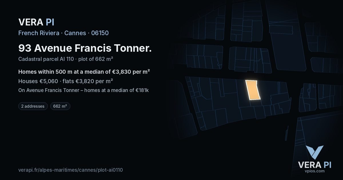 93 Avenue Francis Tonner, Cannes at night – the plot lit, the parcels around coloured by the prices near them