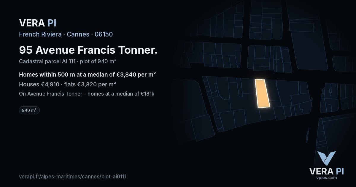 95 Avenue Francis Tonner, Cannes at night – the plot lit, the parcels around coloured by the prices near them