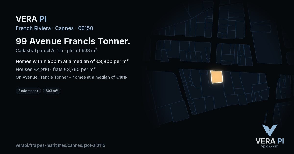 99 Avenue Francis Tonner, Cannes at night – the plot lit, the parcels around coloured by the prices near them