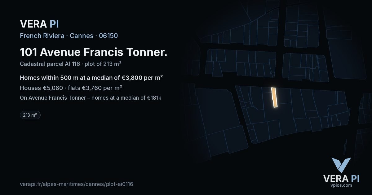 101 Avenue Francis Tonner, Cannes at night – the plot lit, the parcels around coloured by the prices near them