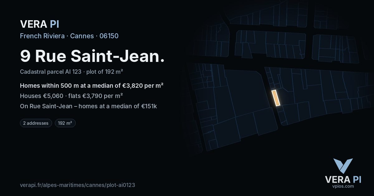 9 Rue Saint-Jean, Cannes at night – the plot lit, the parcels around coloured by the prices near them