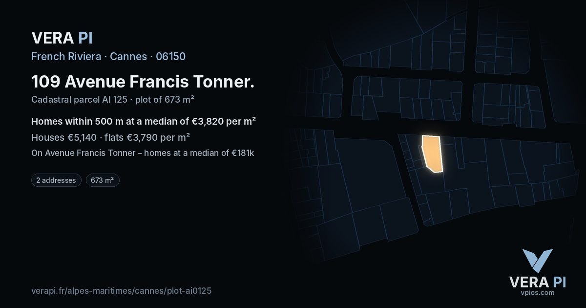 109 Avenue Francis Tonner, Cannes at night – the plot lit, the parcels around coloured by the prices near them