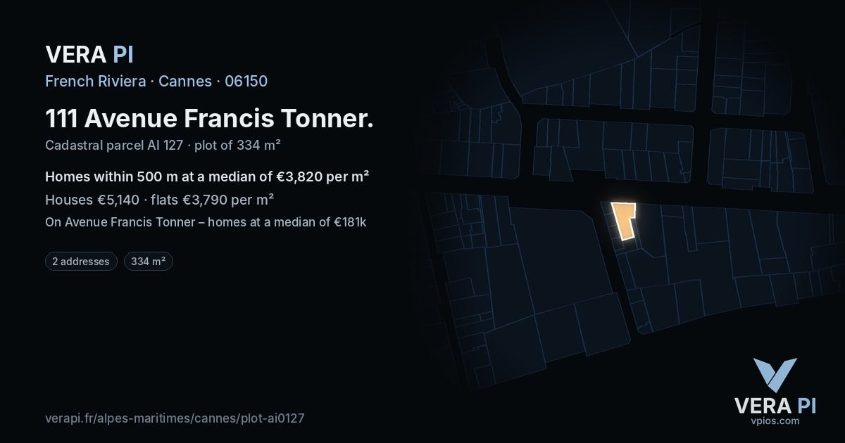 111 Avenue Francis Tonner, Cannes at night – the plot lit, the parcels around coloured by the prices near them