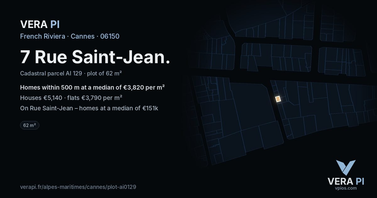 7 Rue Saint-Jean, Cannes at night – the plot lit, the parcels around coloured by the prices near them