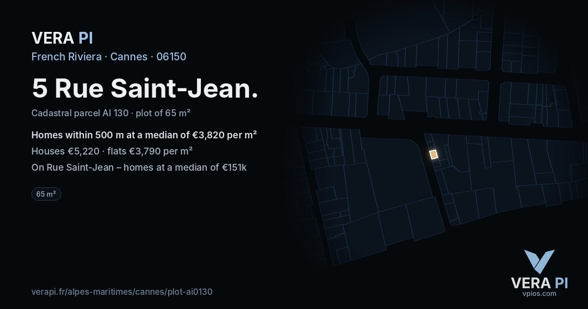 5 Rue Saint-Jean, Cannes at night – the plot lit, the parcels around coloured by the prices near them