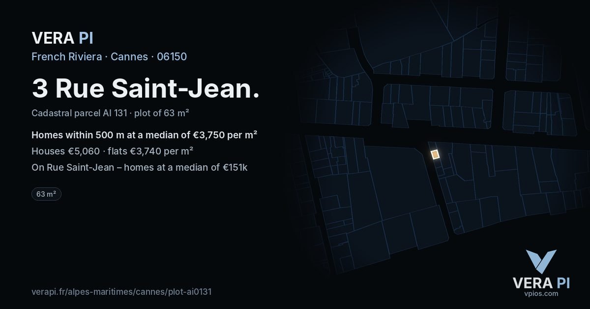 3 Rue Saint-Jean, Cannes at night – the plot lit, the parcels around coloured by the prices near them