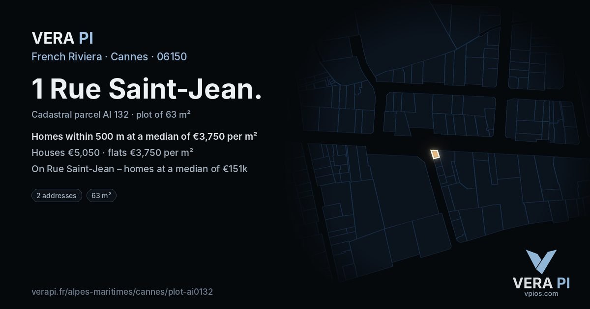 1 Rue Saint-Jean, Cannes at night – the plot lit, the parcels around coloured by the prices near them