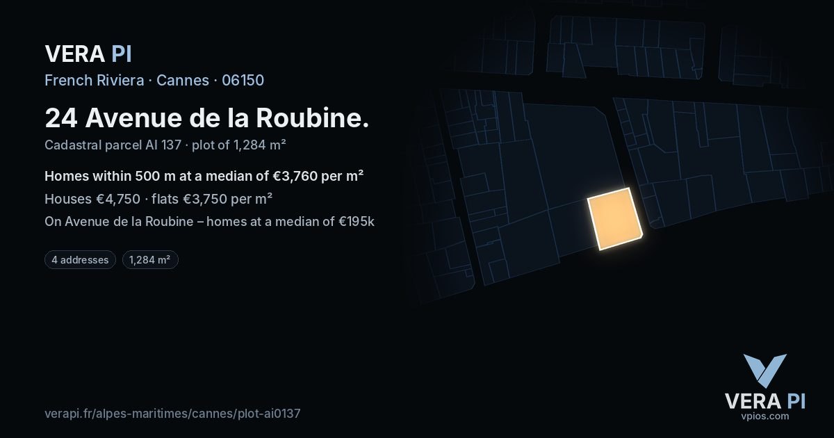 24 Avenue de la Roubine, Cannes at night – the plot lit, the parcels around coloured by the prices near them
