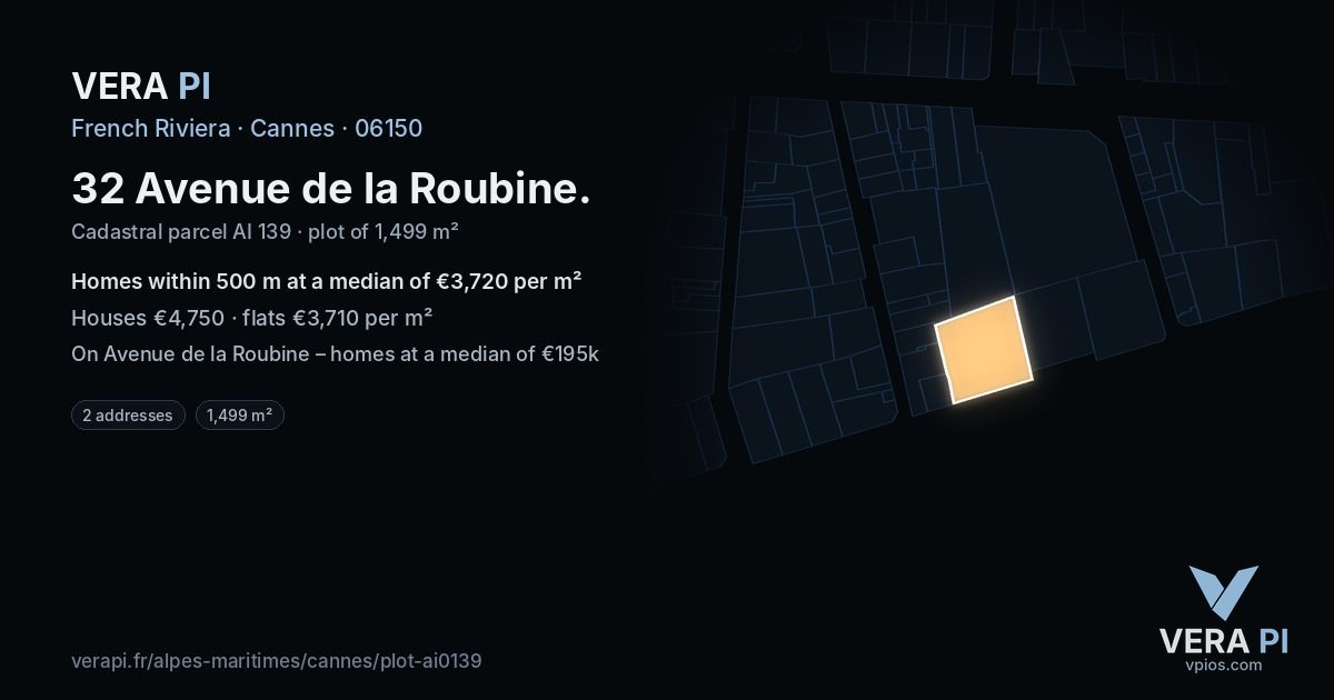 32 Avenue de la Roubine, Cannes at night – the plot lit, the parcels around coloured by the prices near them
