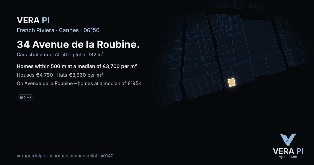 34 Avenue de la Roubine, Cannes at night – the plot lit, the parcels around coloured by the prices near them