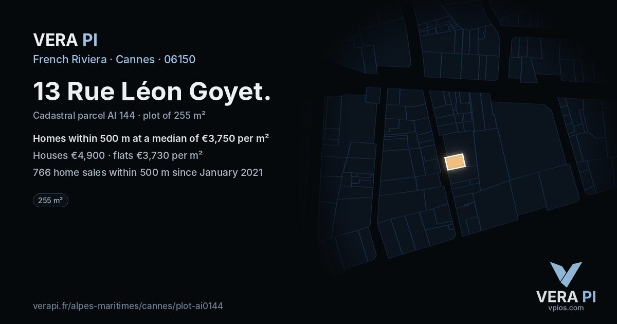 13 Rue Léon Goyet, Cannes at night – the plot lit, the parcels around coloured by the prices near them