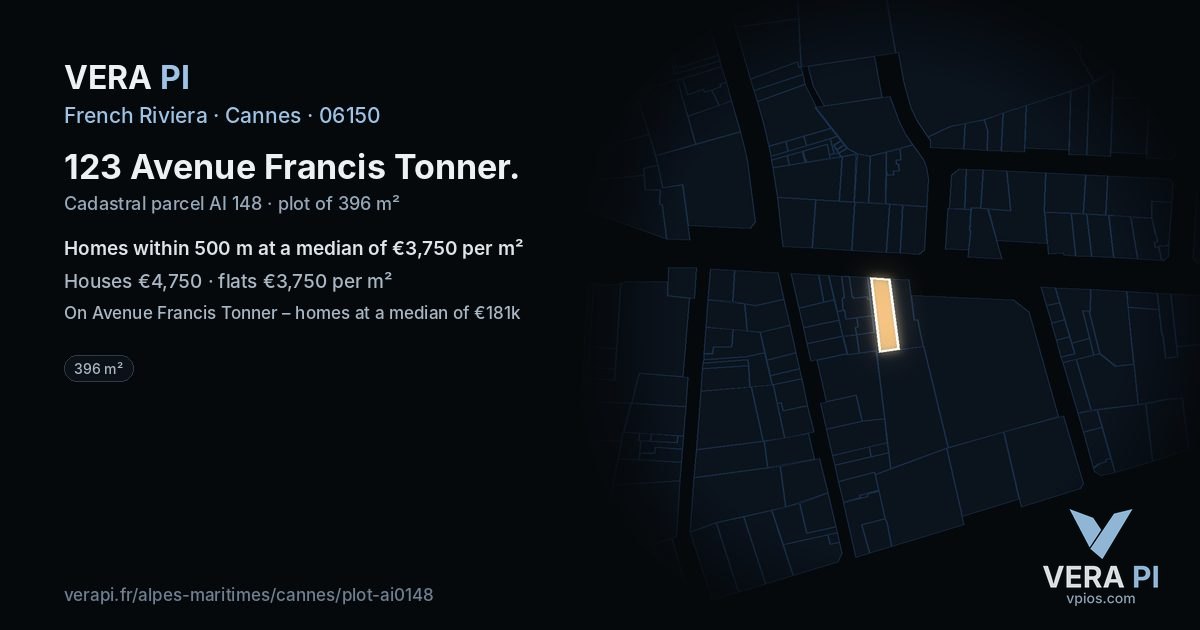 123 Avenue Francis Tonner, Cannes at night – the plot lit, the parcels around coloured by the prices near them