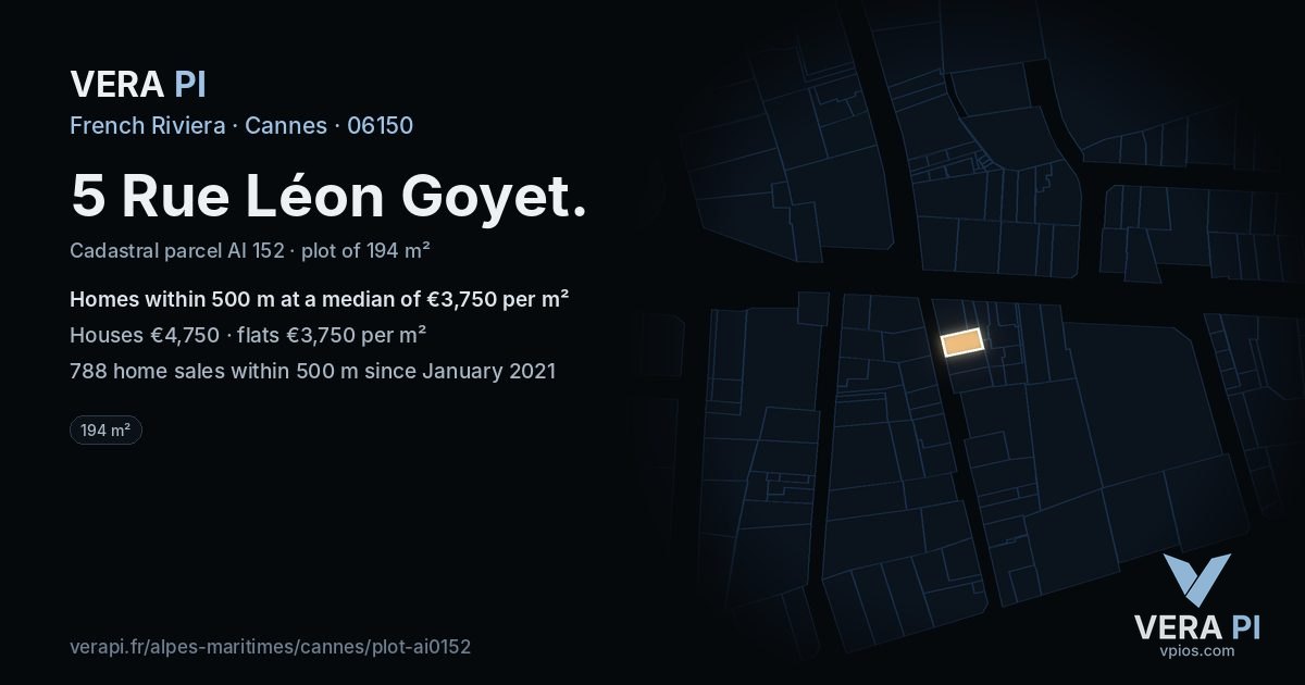 5 Rue Léon Goyet, Cannes at night – the plot lit, the parcels around coloured by the prices near them