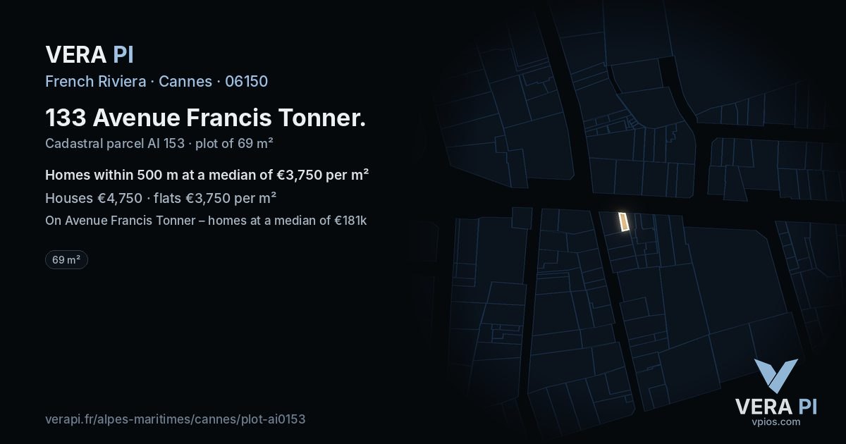 133 Avenue Francis Tonner, Cannes at night – the plot lit, the parcels around coloured by the prices near them
