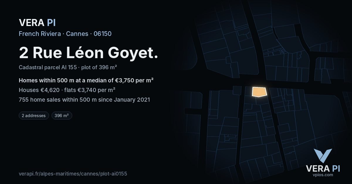 2 Rue Léon Goyet, Cannes at night – the plot lit, the parcels around coloured by the prices near them