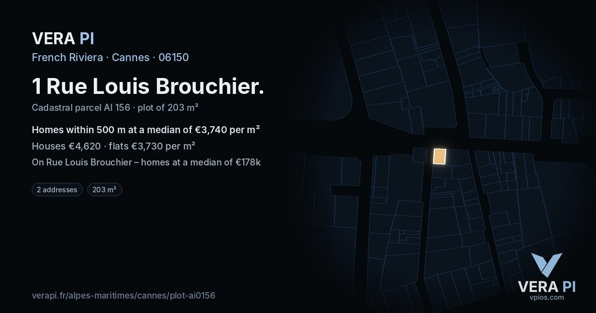 1 Rue Louis Brouchier, Cannes at night – the plot lit, the parcels around coloured by the prices near them