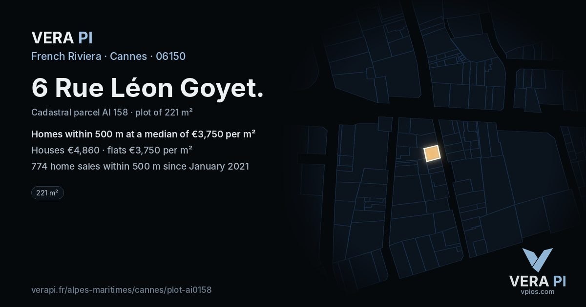 6 Rue Léon Goyet, Cannes at night – the plot lit, the parcels around coloured by the prices near them