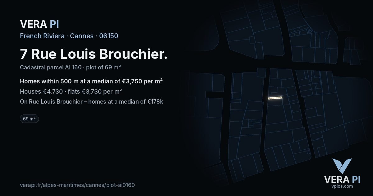 7 Rue Louis Brouchier, Cannes at night – the plot lit, the parcels around coloured by the prices near them
