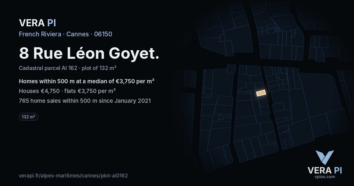 8 Rue Léon Goyet, Cannes at night – the plot lit, the parcels around coloured by the prices near them