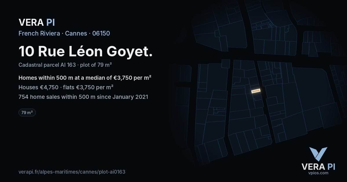 10 Rue Léon Goyet, Cannes at night – the plot lit, the parcels around coloured by the prices near them