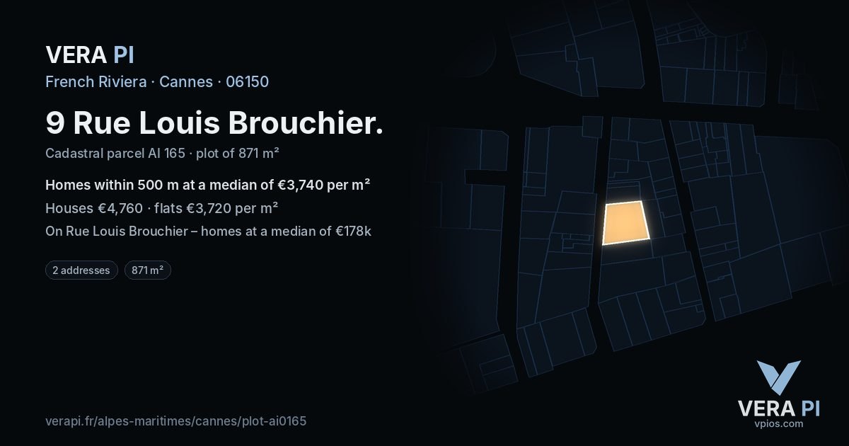 9 Rue Louis Brouchier, Cannes at night – the plot lit, the parcels around coloured by the prices near them