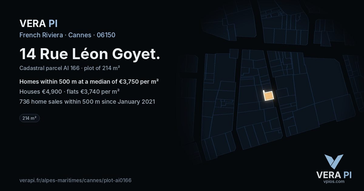 14 Rue Léon Goyet, Cannes at night – the plot lit, the parcels around coloured by the prices near them