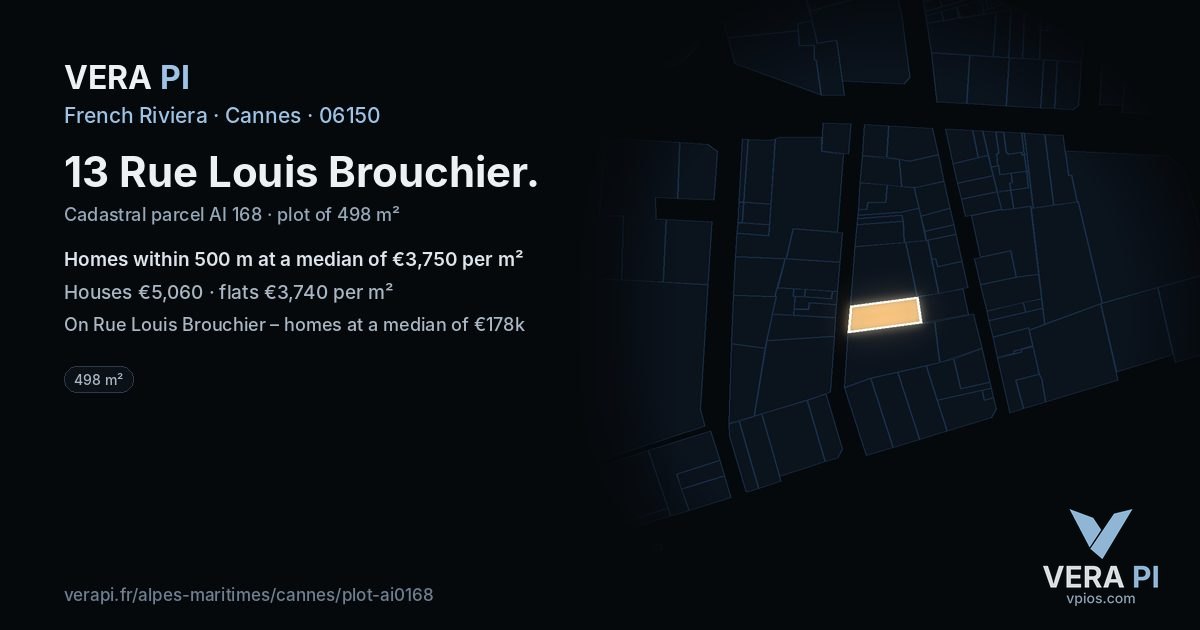 13 Rue Louis Brouchier, Cannes at night – the plot lit, the parcels around coloured by the prices near them