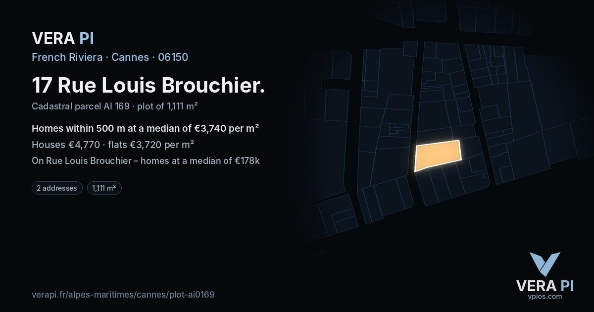 17 Rue Louis Brouchier, Cannes at night – the plot lit, the parcels around coloured by the prices near them