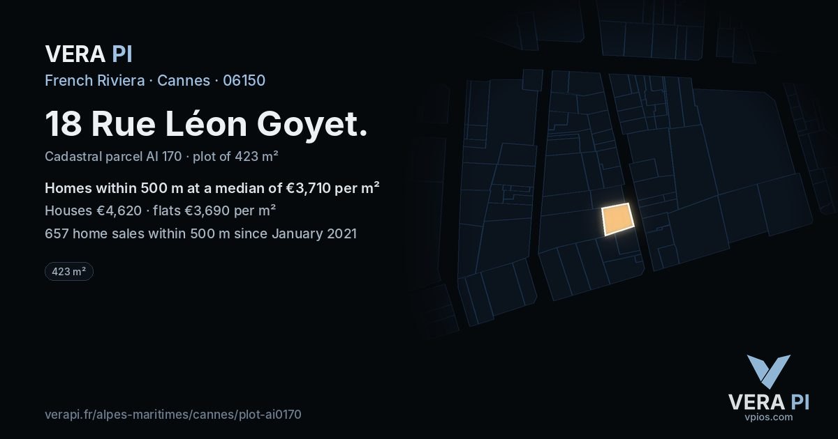 18 Rue Léon Goyet, Cannes at night – the plot lit, the parcels around coloured by the prices near them