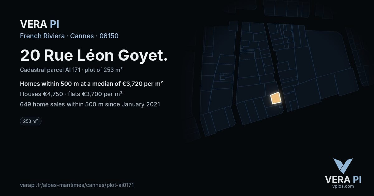 20 Rue Léon Goyet, Cannes at night – the plot lit, the parcels around coloured by the prices near them