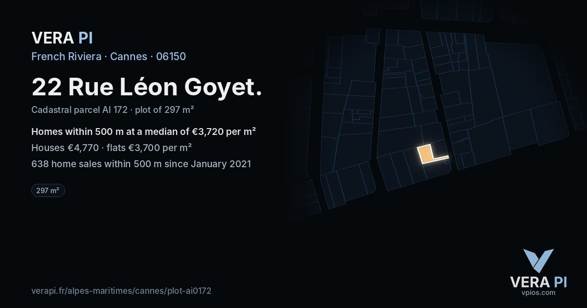 22 Rue Léon Goyet, Cannes at night – the plot lit, the parcels around coloured by the prices near them