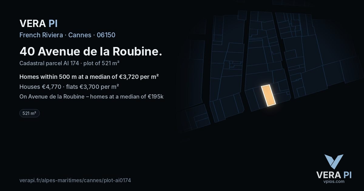 40 Avenue de la Roubine, Cannes at night – the plot lit, the parcels around coloured by the prices near them