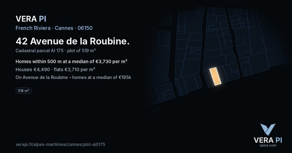 42 Avenue de la Roubine, Cannes at night – the plot lit, the parcels around coloured by the prices near them