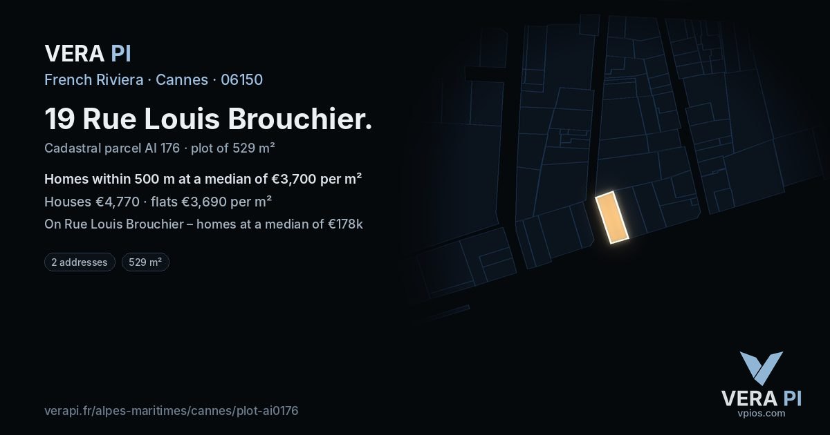 19 Rue Louis Brouchier, Cannes at night – the plot lit, the parcels around coloured by the prices near them