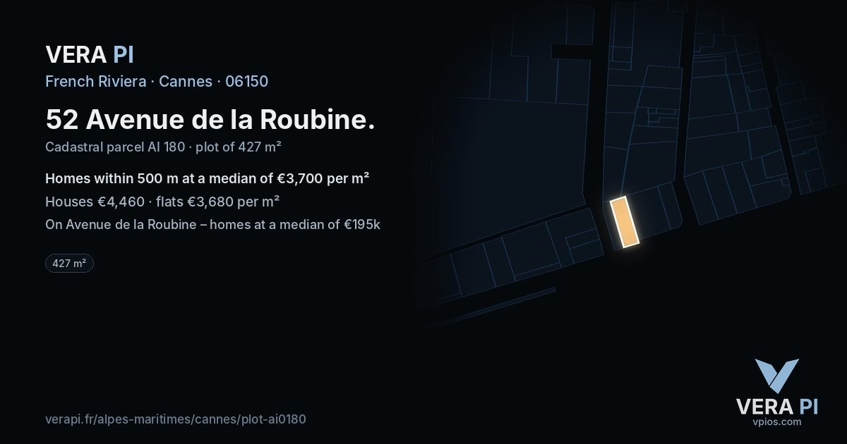 52 Avenue de la Roubine, Cannes at night – the plot lit, the parcels around coloured by the prices near them