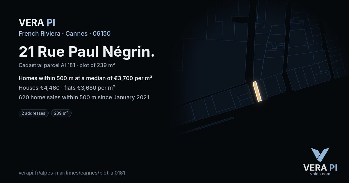 21 Rue Paul Négrin, Cannes at night – the plot lit, the parcels around coloured by the prices near them