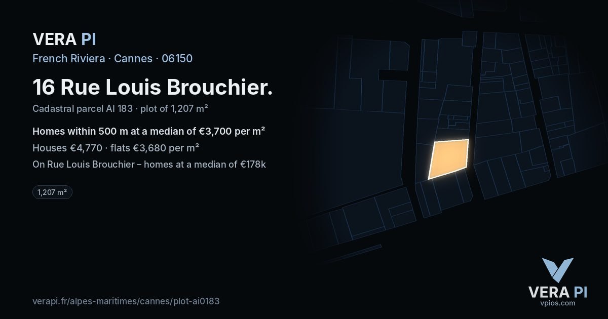 16 Rue Louis Brouchier, Cannes at night – the plot lit, the parcels around coloured by the prices near them