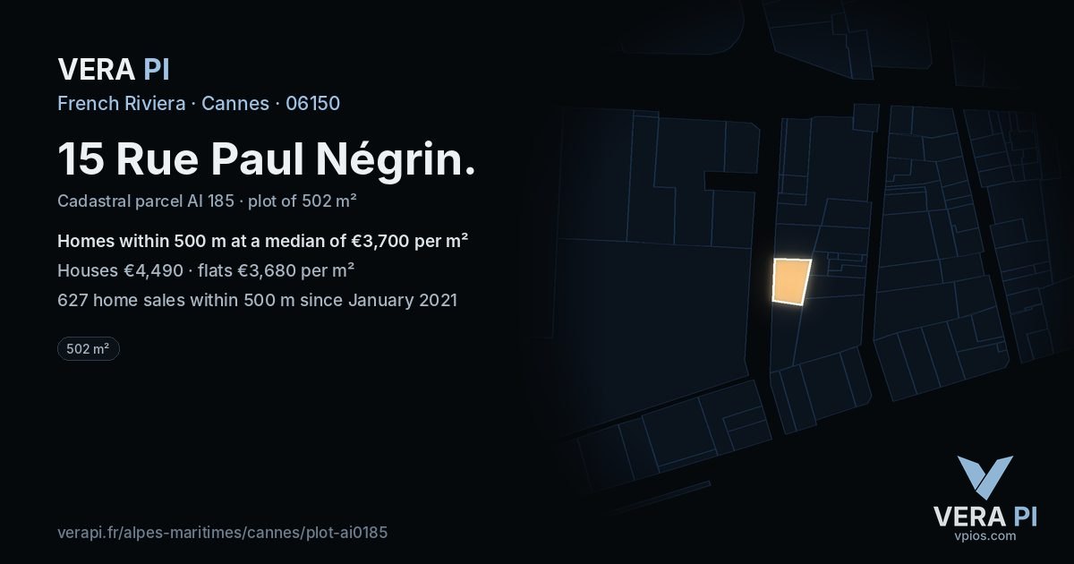 15 Rue Paul Négrin, Cannes at night – the plot lit, the parcels around coloured by the prices near them