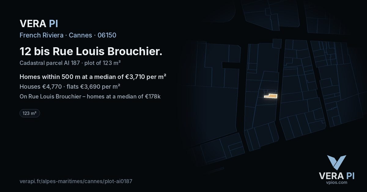 12 bis Rue Louis Brouchier, Cannes at night – the plot lit, the parcels around coloured by the prices near them
