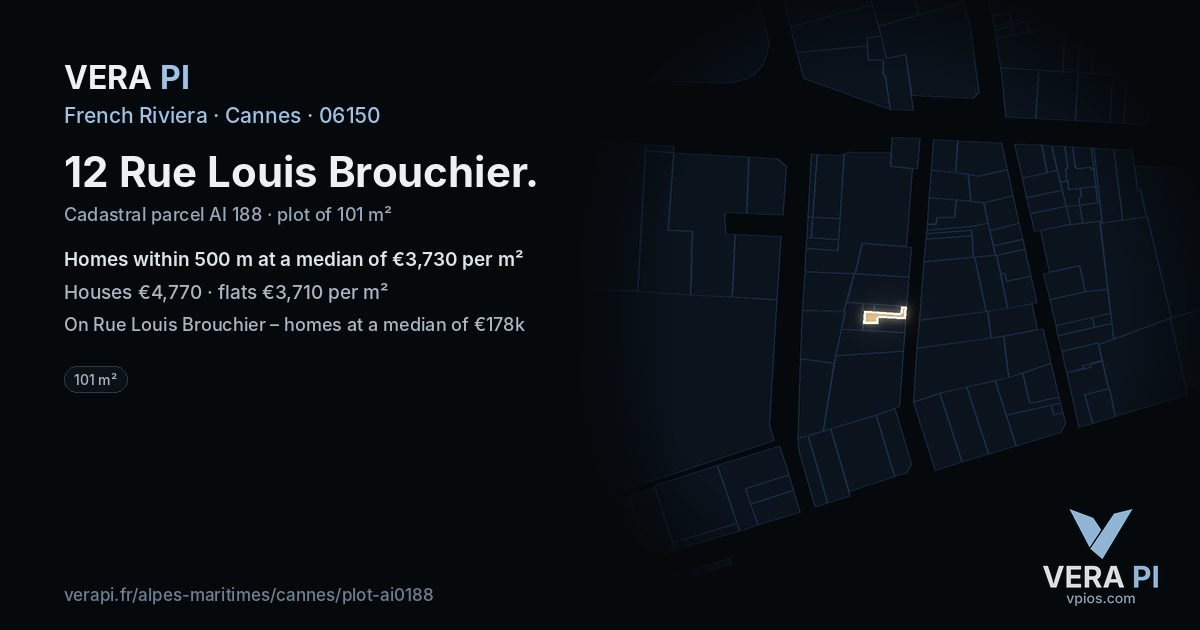 12 Rue Louis Brouchier, Cannes at night – the plot lit, the parcels around coloured by the prices near them