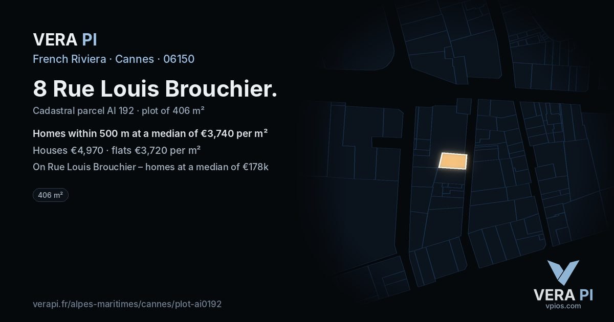 8 Rue Louis Brouchier, Cannes at night – the plot lit, the parcels around coloured by the prices near them